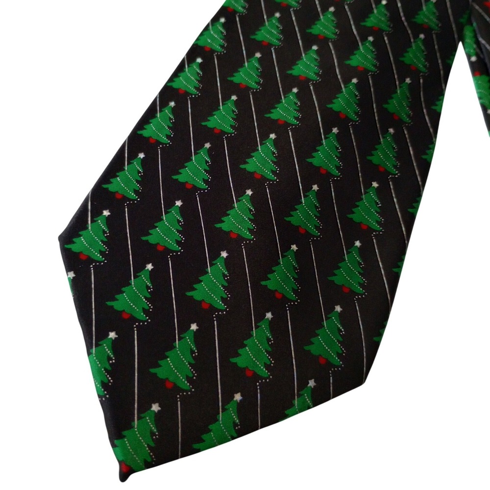 Holidays Mens Christmas Tree Silk Necktie Black Green Festive Winter Seasonal